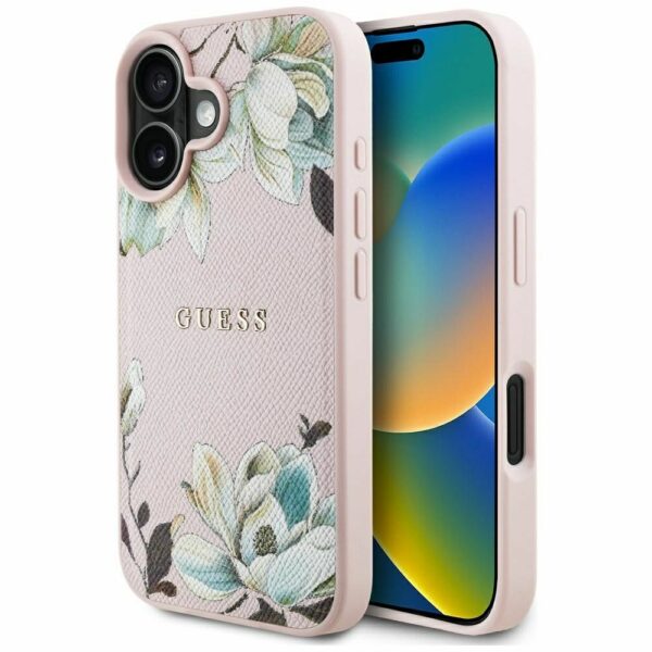 GUESS case for IPHONE 16 compatible with MagSafe GUHMP16SPGNMPLMP (PU Grained Flowers Classic Logo) pink
