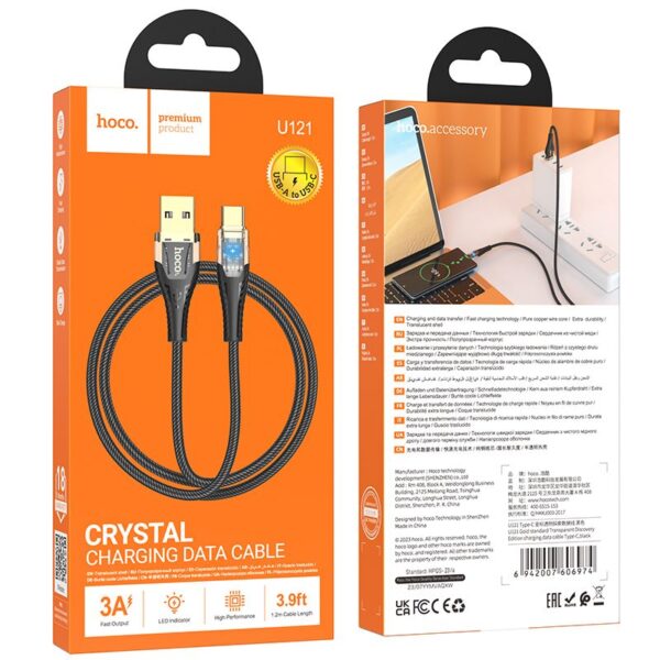 Cable USB A to USB C Hoco 2,4A 1,2 m U121 black transparent