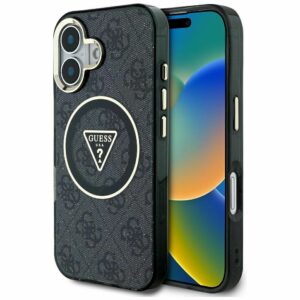 GUESS case for IPHONE 16 compatible with MagSafe GUHMP16SHG4PRTGK (IML Metal Glitter 4G Circle Triangle) black