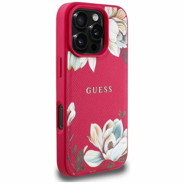 GUESS case for IPHONE 16 Pro compatible with MagSafe GUHMP16LPGNMPLMF (PU Grained Flowers Classic Logo) fuschia