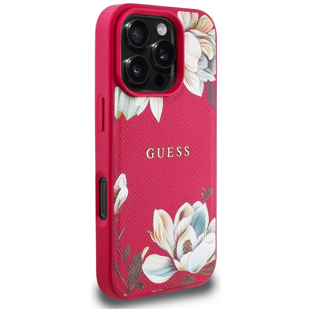 GUESS case for IPHONE 16 Pro compatible with MagSafe GUHMP16LPGNMPLMF (PU Grained Flowers Classic Logo) fuschia