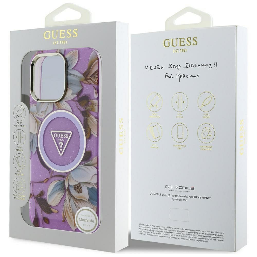 GUESS case for IPHONE 16 Pro compatible with MagSafe GUHMP16LHFLPEDU (IML Metal Glitter Flowers Triangle) purple