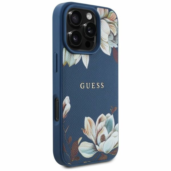 GUESS case for IPHONE 16 Pro compatible with MagSafe GUHMP16LPGNMPLMB (PU Grained Flowers Classic Logo) blue