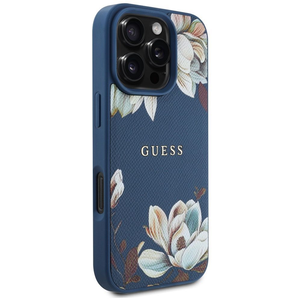 GUESS case for IPHONE 16 Pro compatible with MagSafe GUHMP16LPGNMPLMB (PU Grained Flowers Classic Logo) blue