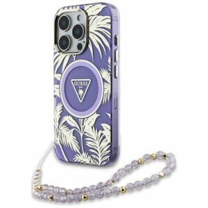 GUESS case for IPHONE 16 Pro compatible with MagSafe GUHMP16LHPCTPLSU (IML Palm Trees Triangle W/ Pearl Strap) purple