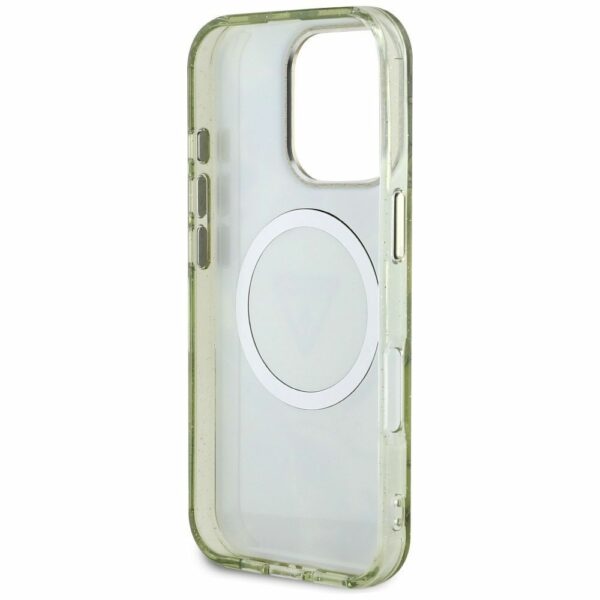 GUESS case for IPHONE 16 Pro compatible with MagSafe GUHMP16LHFLPEDN (IML Metal Glitter Flowers Triangle) green