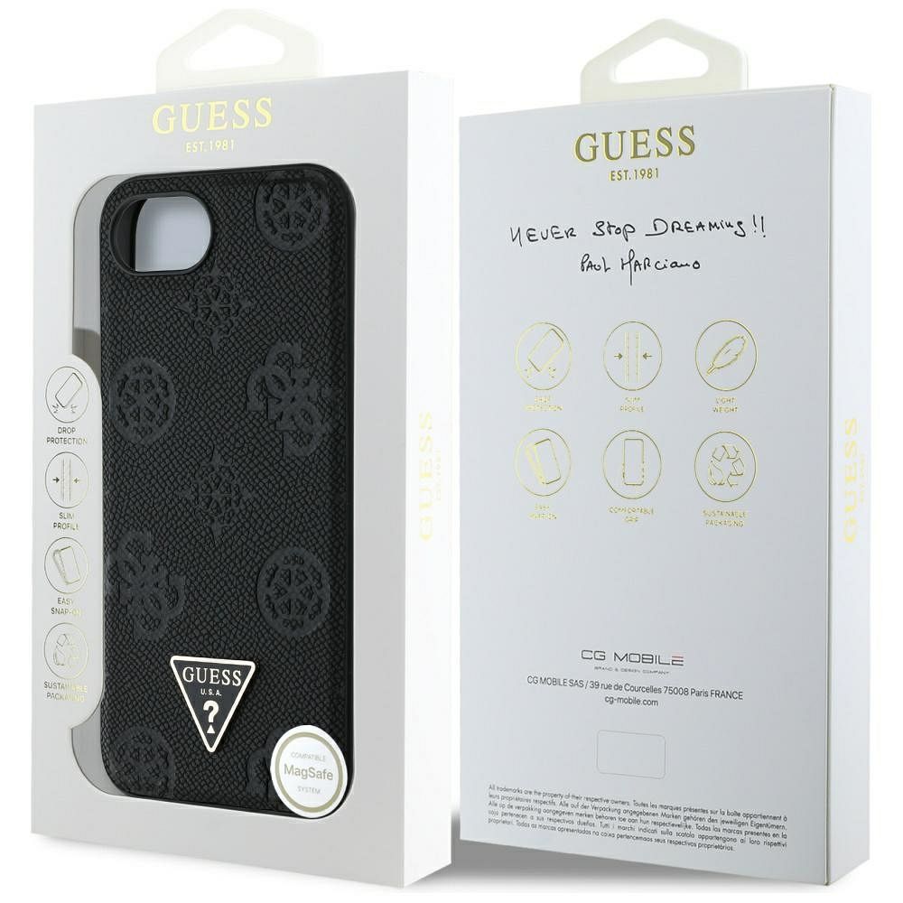 GUESS case for IPHONE 16e (SE 4 2025) compatible with MagSafe GUHMPSE4PGBTMK (Grained PU Hot Stamp Peony Triangle Logo) black