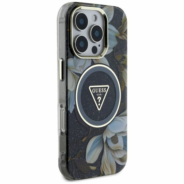 GUESS case for IPHONE 16 Pro compatible with MagSafe GUHMP16LHFLPEDK (IML Metal Glitter Flowers Triangle) black