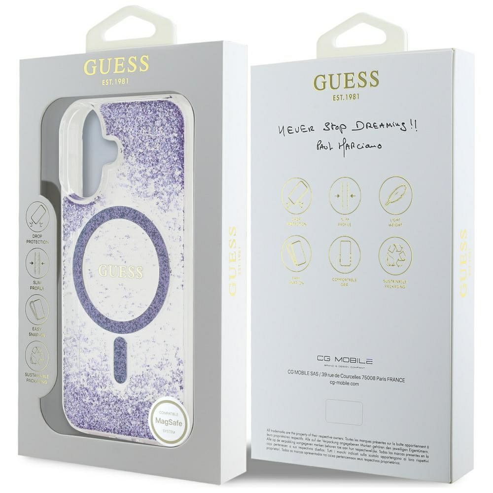 GUESS case for IPHONE 16 compatible with MagSafe GUHMP16SRGRGEU (Resin Bottom Glitter) purple