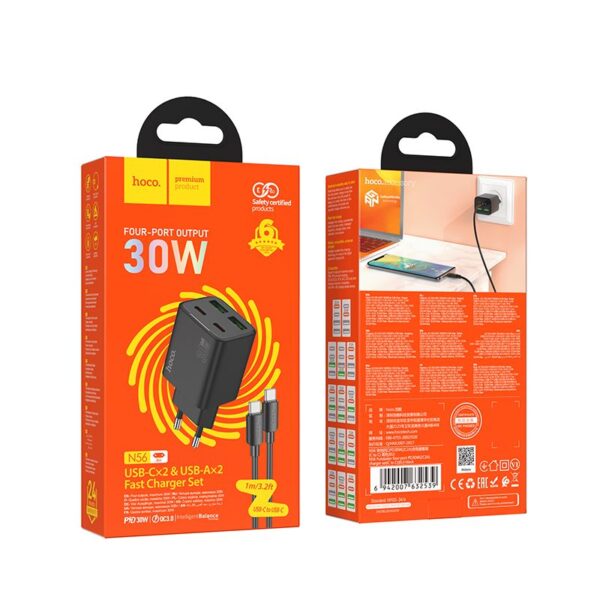 HOCO charger 2 x Type C + 2 x USB A + cable Type C to Type C PD QC3.0 3A 30W N56 black