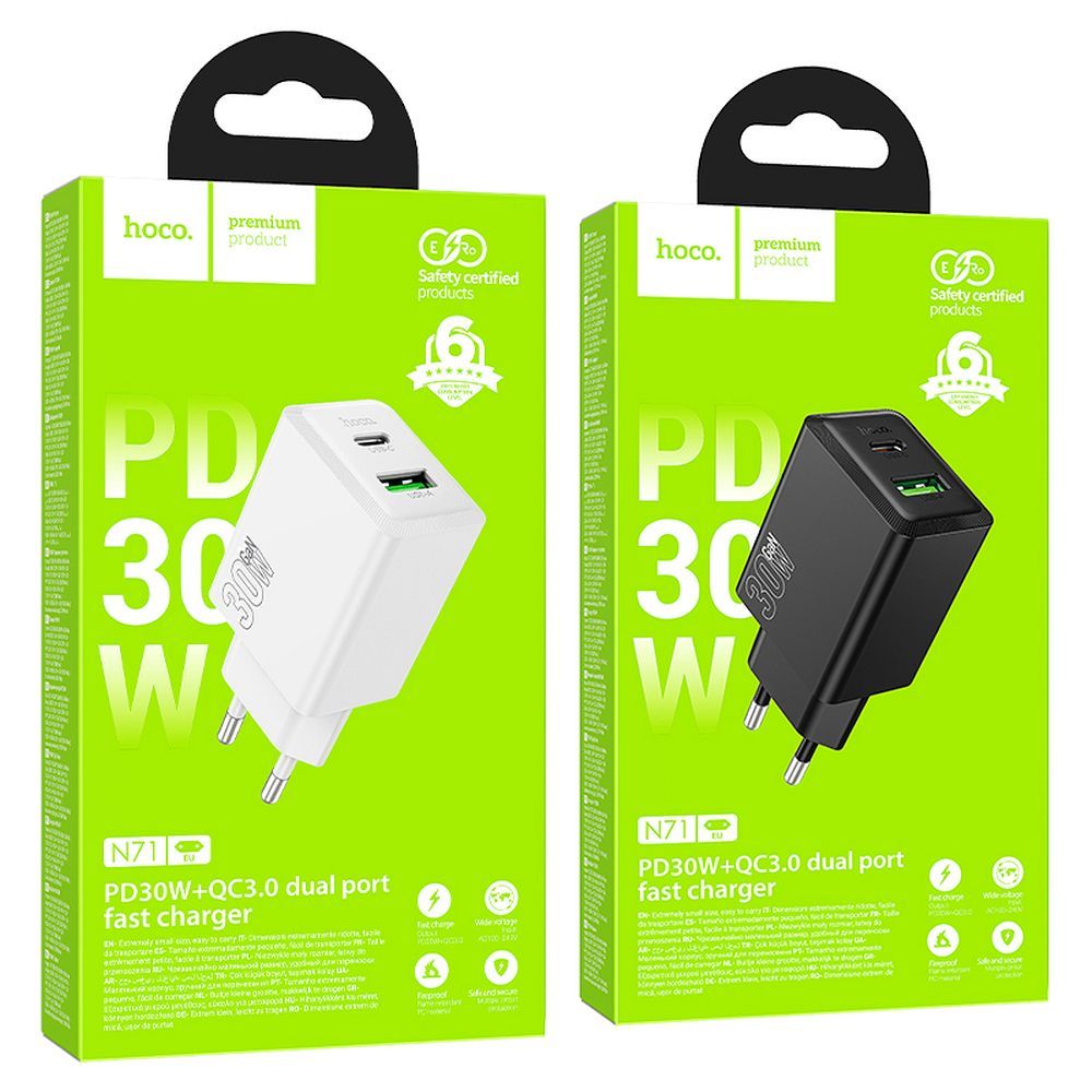 HOCO wall charger USB A + Type C PD QC3.0 AFC 3A 30W N71 white
