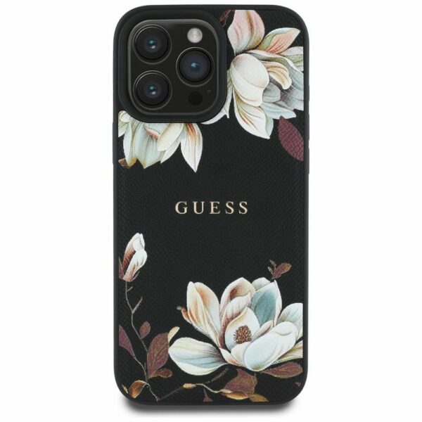 GUESS case for IPHONE 16 Pro compatible with MagSafe GUHMP16LPGNMPLMK (PU Grained Flowers Classic Logo) black
