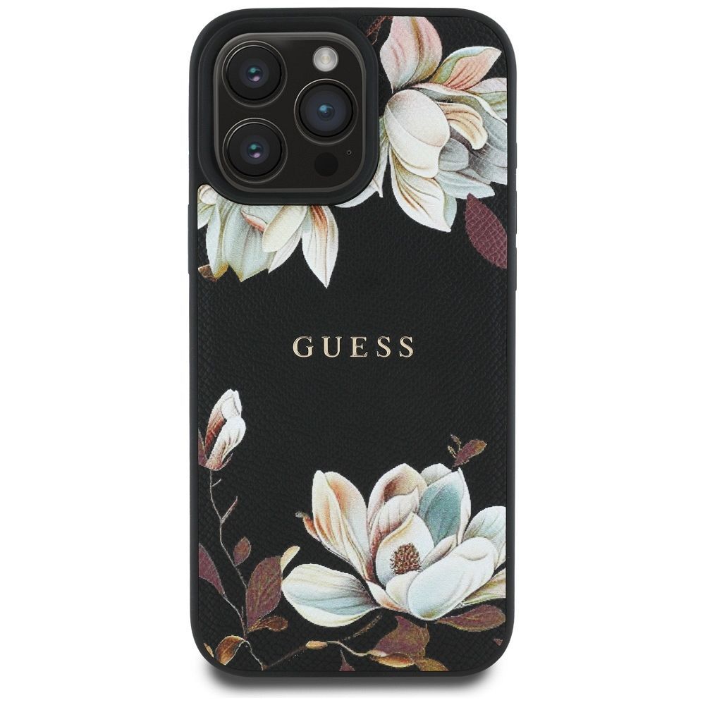 GUESS case for IPHONE 16 Pro compatible with MagSafe GUHMP16LPGNMPLMK (PU Grained Flowers Classic Logo) black