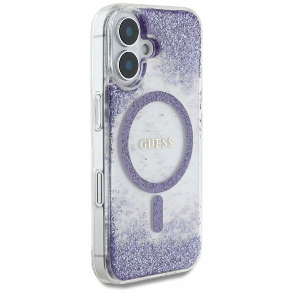GUESS case for IPHONE 16 compatible with MagSafe GUHMP16SRGRGEU (Resin Bottom Glitter) purple