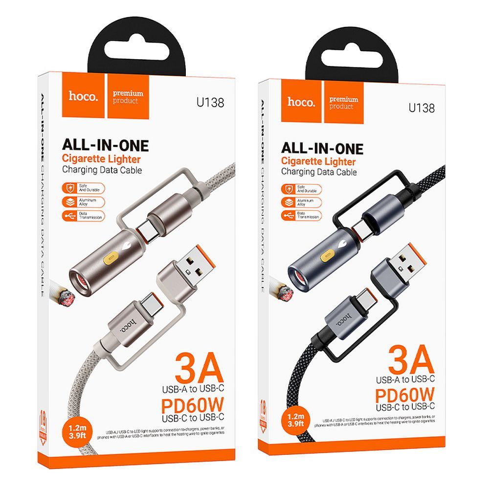HOCO cable All-in-one USB A / Type C to Type C / Cigarette lighter 3A 60W U138 1,2 m grey