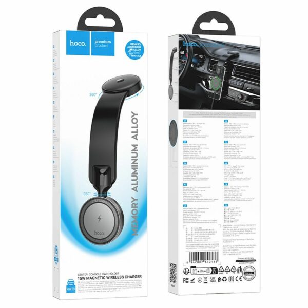 HOCO car holder with wireless charging for center console compatible with MagSafe 15W HW29 black metal gray