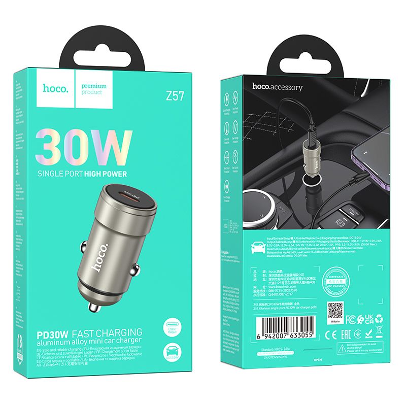 HOCO car charger Type C PD QC 30W Z57 metal gray