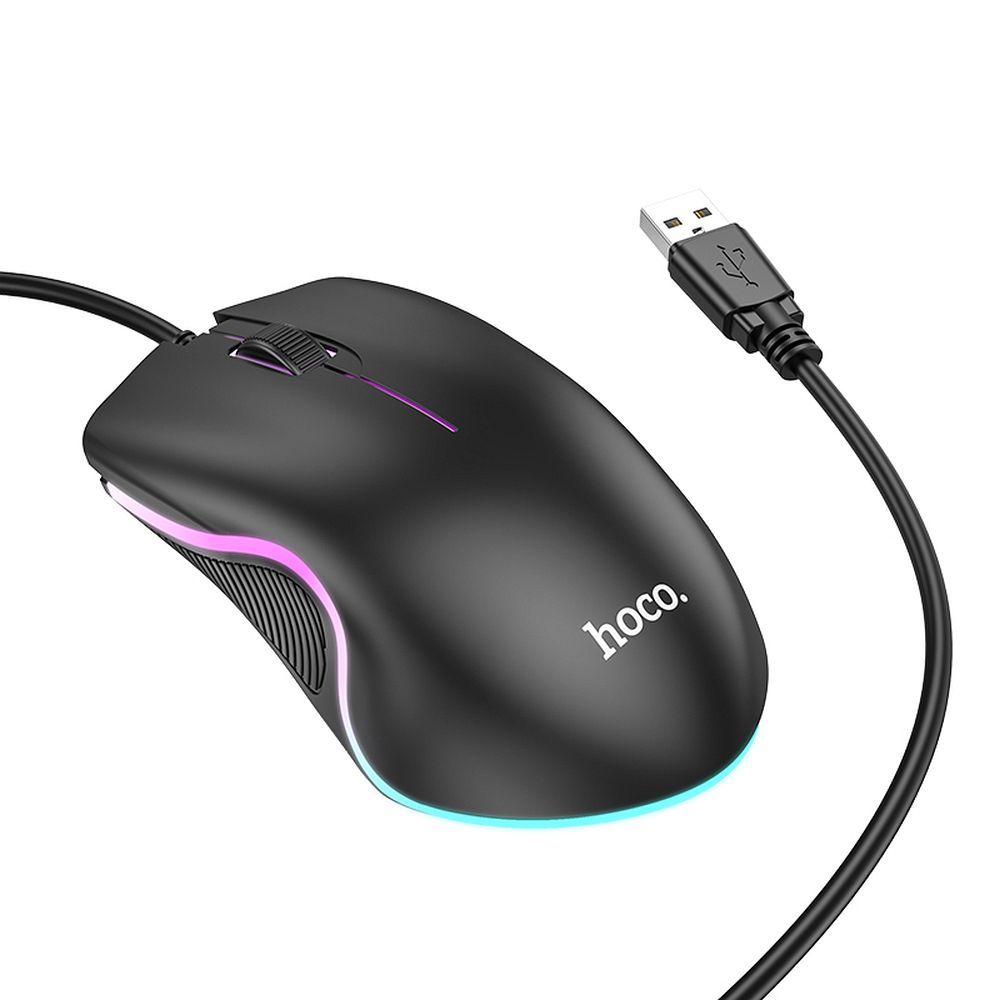 HOCO wire computer mouse USB A 1000 DPI with flashing GM19 black