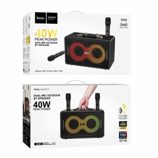 HOCO karaoke set wireless speaker + 2 x wireless microphones LED 40W HA8 black
