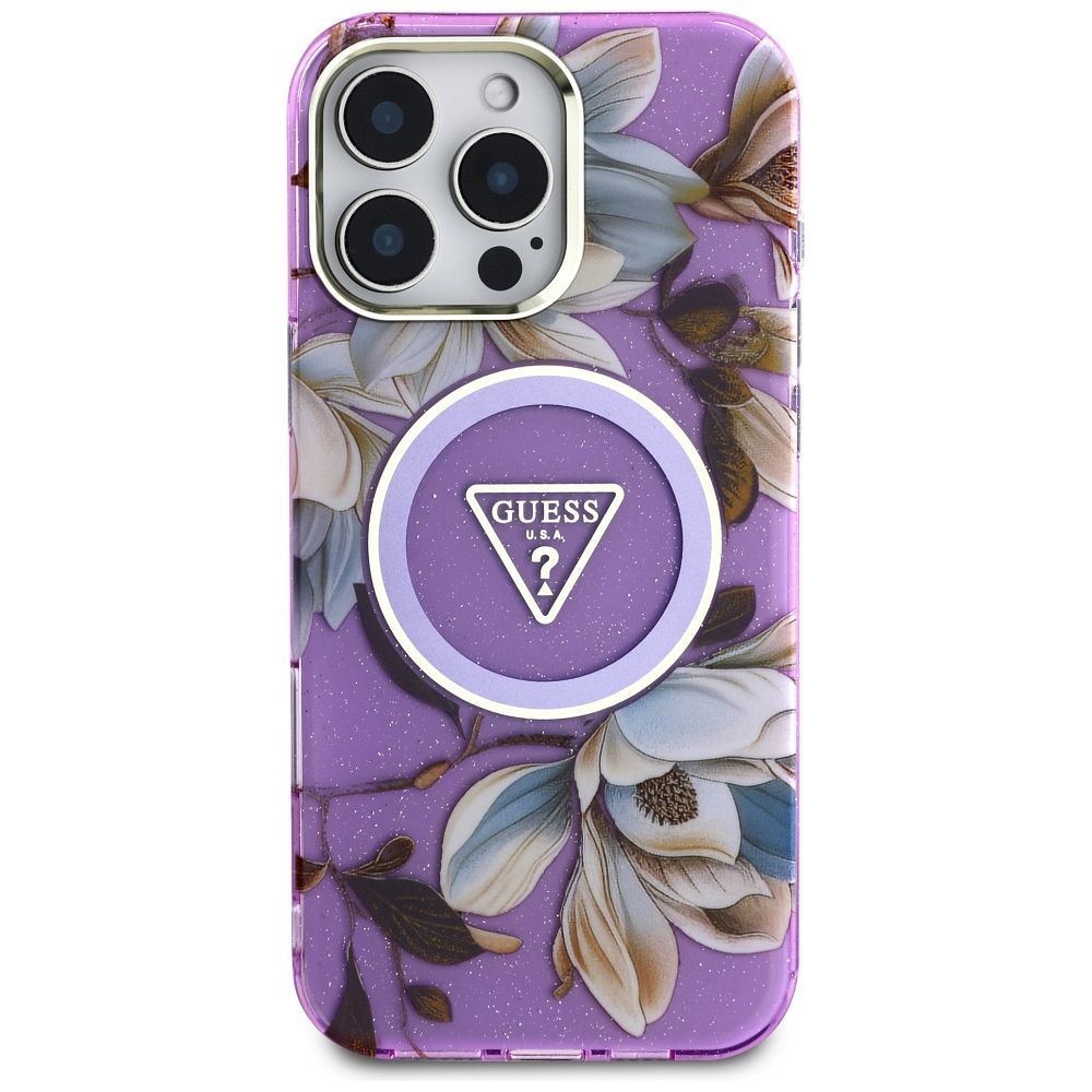 GUESS case for IPHONE 16 Pro compatible with MagSafe GUHMP16LHFLPEDU (IML Metal Glitter Flowers Triangle) purple