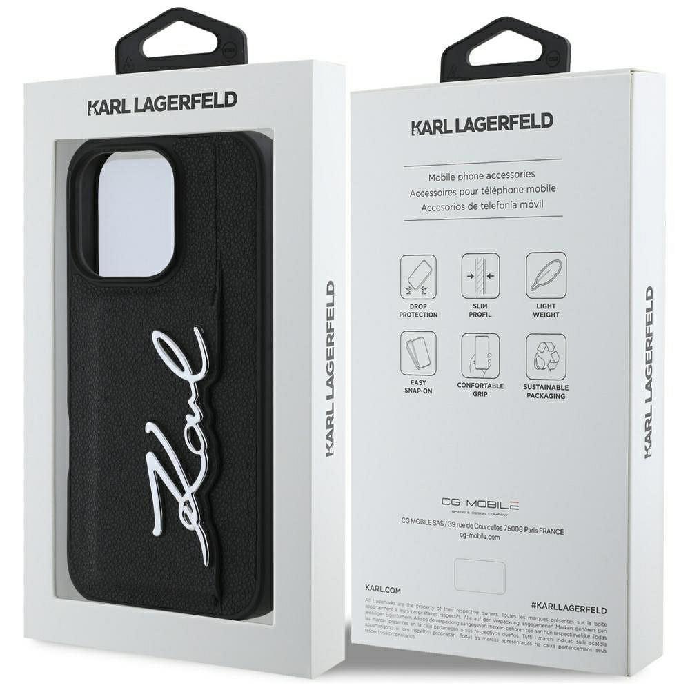 KARL LAGERFELD case for IPHONE 16 Pro Max KLHCP16XPGPVKSK (Grained PU Cardslot Metal Signature) black