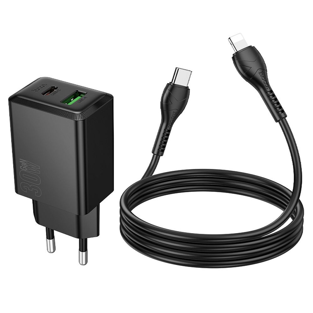 HOCO wall charger USB A + Type C + cable Type C to Type C 60W PD QC3.0 AFC 3A 30W N71 black