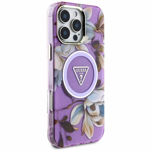 GUESS case for IPHONE 16 Pro compatible with MagSafe GUHMP16LHFLPEDU (IML Metal Glitter Flowers Triangle) purple