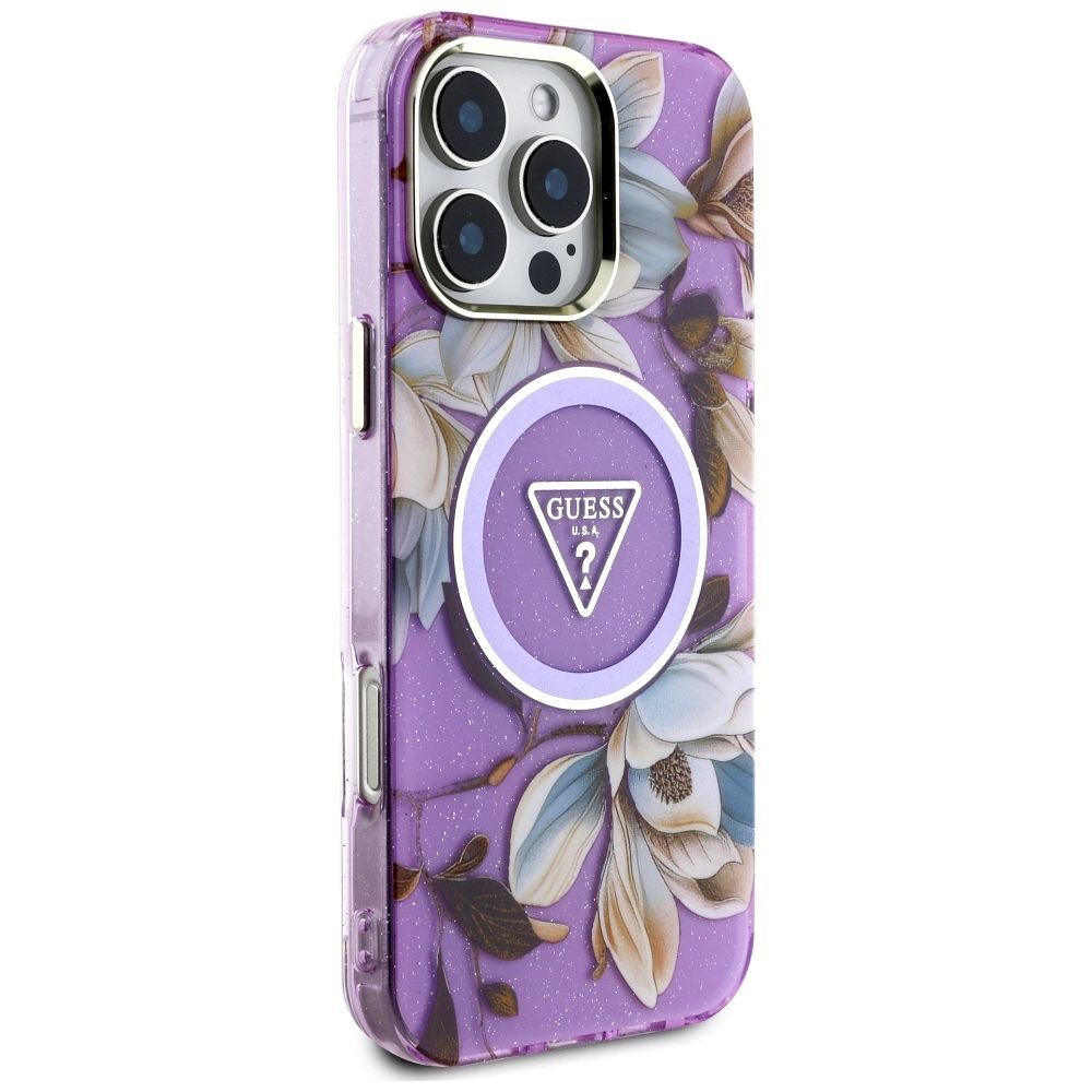 GUESS case for IPHONE 16 Pro compatible with MagSafe GUHMP16LHFLPEDU (IML Metal Glitter Flowers Triangle) purple