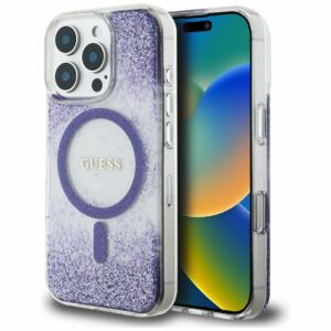 GUESS case for IPHONE 16 Pro compatible with MagSafe GUHMP16LRGRGEU (Resin Bottom Glitter) purple