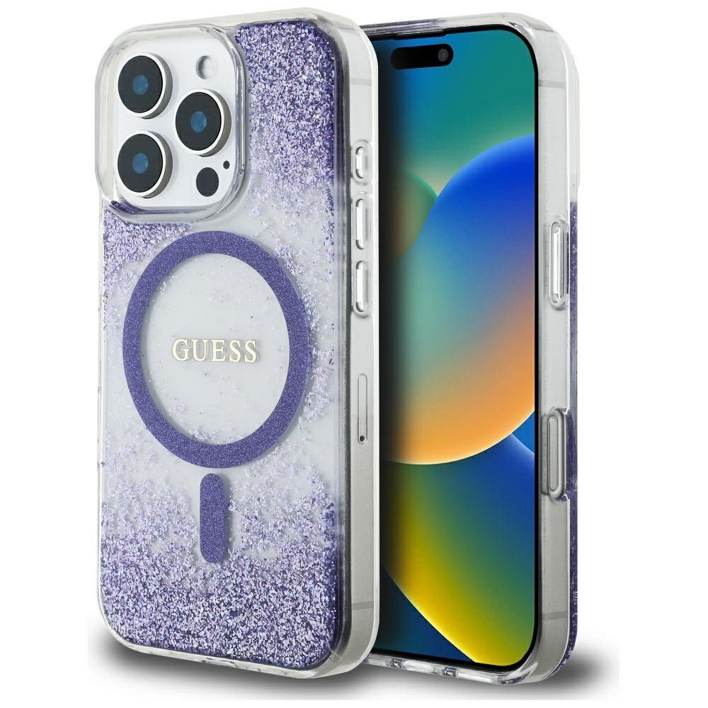 GUESS case for IPHONE 16 Pro compatible with MagSafe GUHMP16LRGRGEU (Resin Bottom Glitter) purple