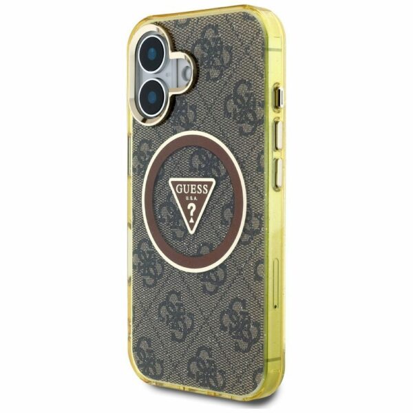 GUESS case for IPHONE 16 compatible with MagSafe GUHMP16SHG4PRTGW (IML Metal Glitter 4G Circle Triangle) brown