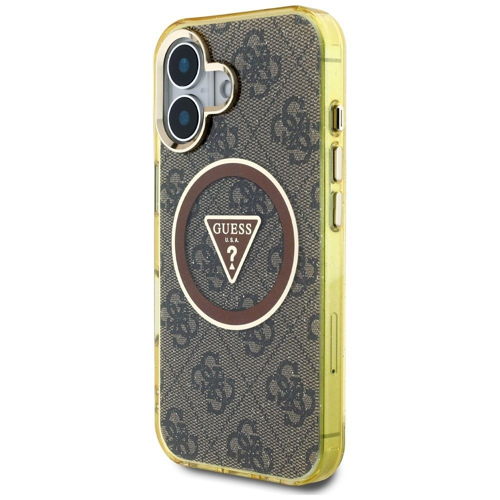 GUESS case for IPHONE 16 compatible with MagSafe GUHMP16SHG4PRTGW (IML Metal Glitter 4G Circle Triangle) brown
