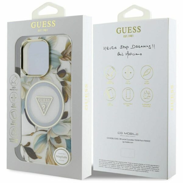 GUESS case for IPHONE 16 Pro compatible with MagSafe GUHMP16LHFLPEDH (IML Metal Glitter Flowers Triangle) white