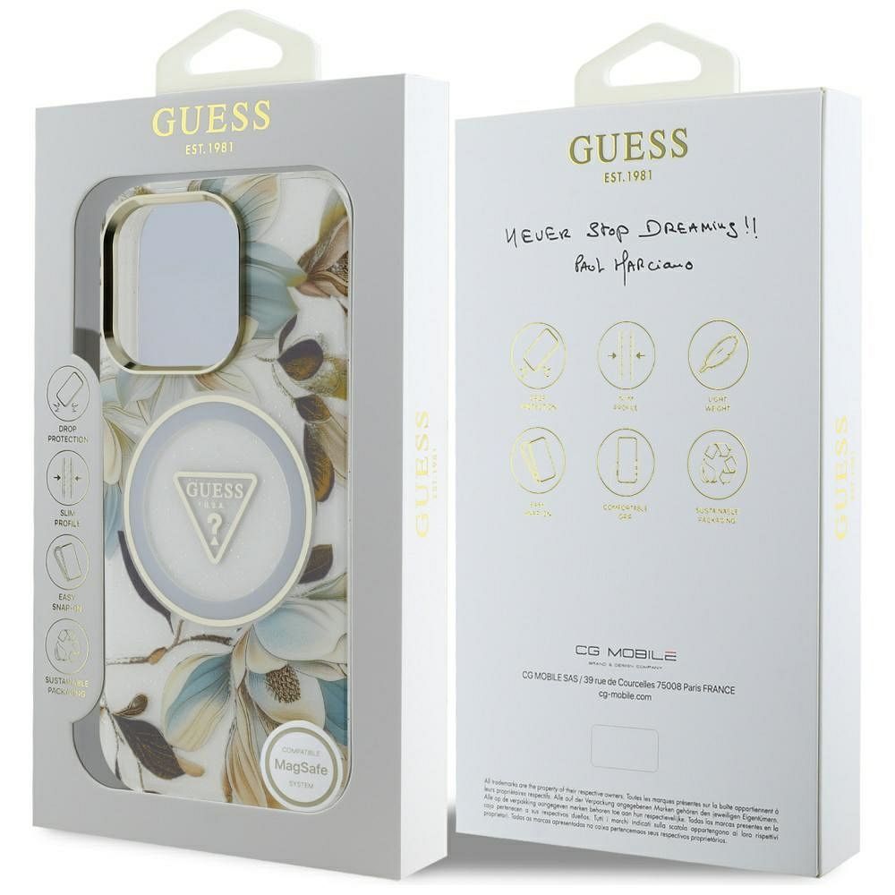 GUESS case for IPHONE 16 Pro compatible with MagSafe GUHMP16LHFLPEDH (IML Metal Glitter Flowers Triangle) white