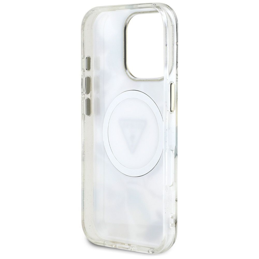 GUESS case for IPHONE 16 Pro compatible with MagSafe GUHMP16LHFLPEDH (IML Metal Glitter Flowers Triangle) white