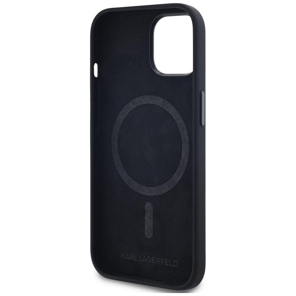 KARL LAGERFELD case for IPHONE 15 compatible with MagSafe KLHMP15SSCMKMPCK (Silicone Initial Metal Logo) black