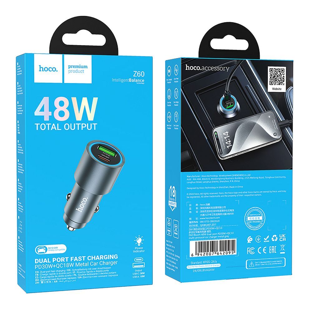 HOCO car charger USB A + Type C PD QC3.0 48W Z60 black