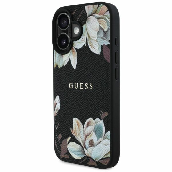 GUESS case for IPHONE 16 compatible with MagSafe GUHMP16SPGNMPLMK (PU Grained Flowers Classic Logo) black