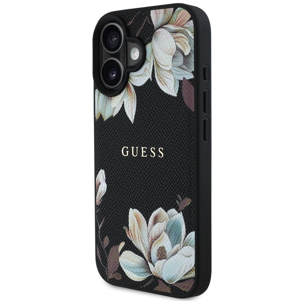 GUESS case for IPHONE 16 compatible with MagSafe GUHMP16SPGNMPLMK (PU Grained Flowers Classic Logo) black