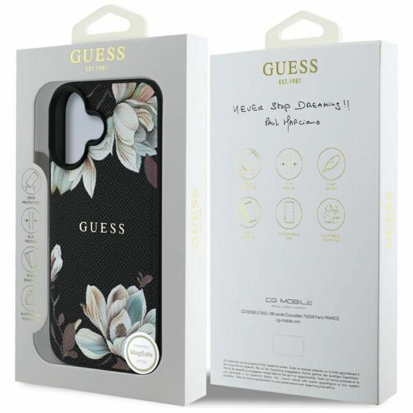 GUESS case for IPHONE 16 compatible with MagSafe GUHMP16SPGNMPLMK (PU Grained Flowers Classic Logo) black