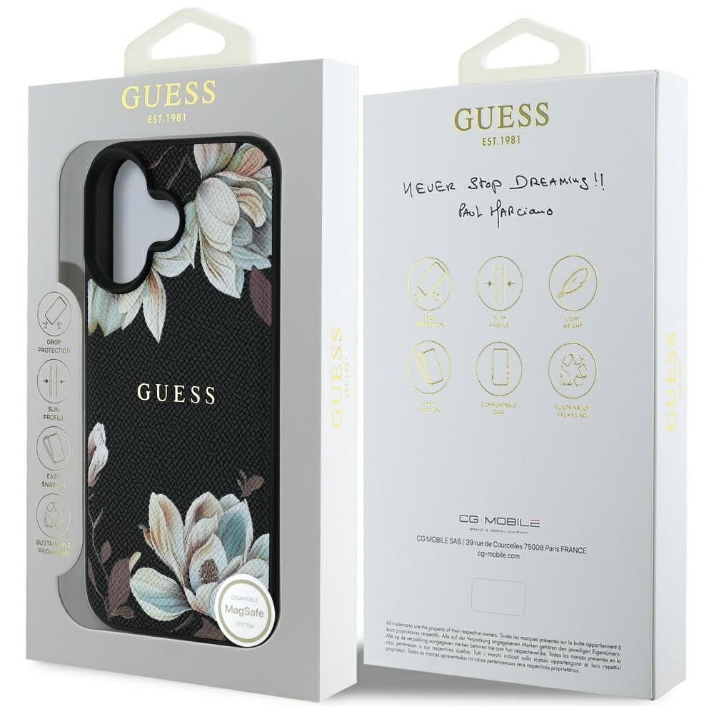 GUESS case for IPHONE 16 compatible with MagSafe GUHMP16SPGNMPLMK (PU Grained Flowers Classic Logo) black