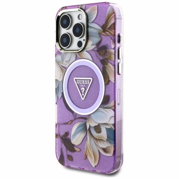 GUESS case for IPHONE 16 Pro compatible with MagSafe GUHMP16LHFLPEDU (IML Metal Glitter Flowers Triangle) purple