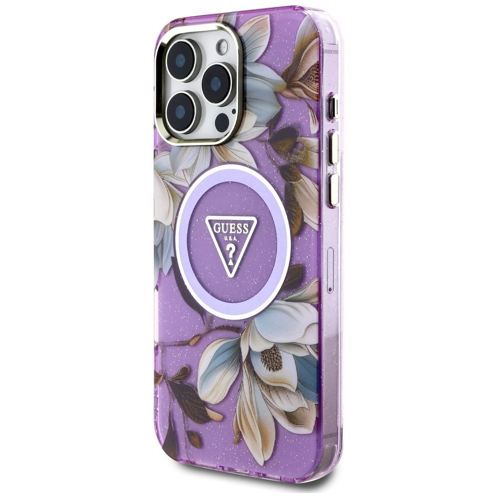 GUESS case for IPHONE 16 Pro compatible with MagSafe GUHMP16LHFLPEDU (IML Metal Glitter Flowers Triangle) purple