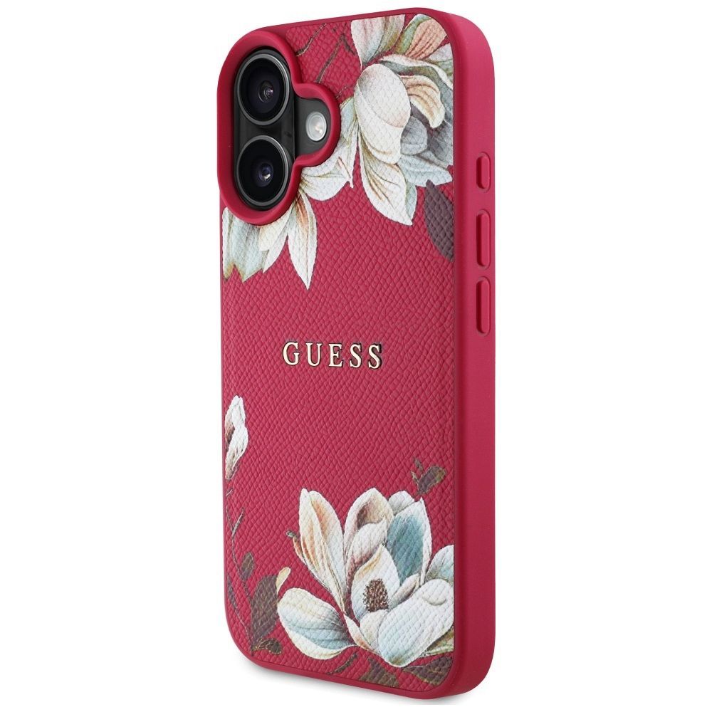 GUESS case for IPHONE 16 compatible with MagSafe GUHMP16SPGNMPLMF (PU Grained Flowers Classic Logo) fuschia