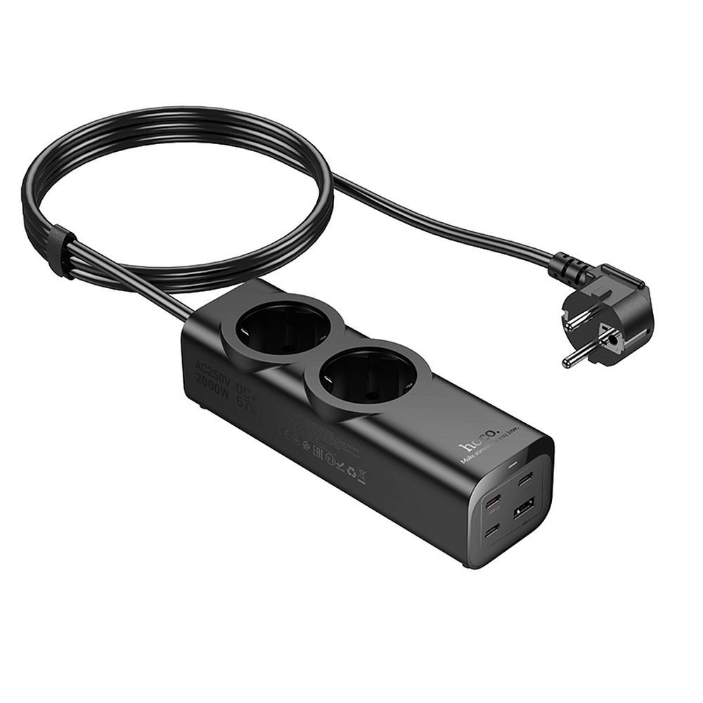 HOCO extension cord 2 socket + USB A + 3 x Type C PD QC3.0 3A 67W NS10 2 m black