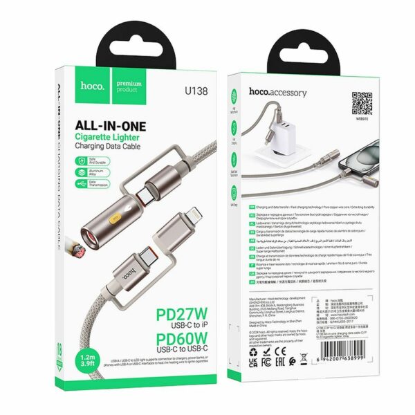 HOCO cable All-in-one Type C / Lightning to Type C / Cigarette lighter PD 3A 60W U138 1,2 m black