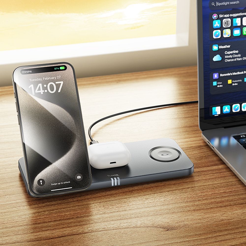 HOCO folding wireless charger 3in1 compatible with MagSafe and APPLE Watch 3A 15W CQ22 metal gray