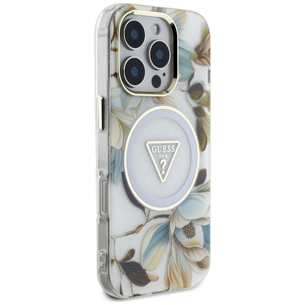 GUESS case for IPHONE 16 Pro compatible with MagSafe GUHMP16LHFLPEDH (IML Metal Glitter Flowers Triangle) white