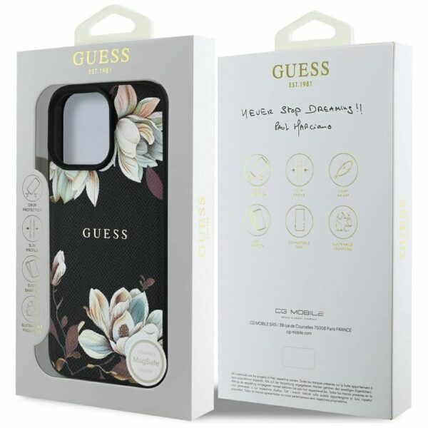 GUESS case for IPHONE 16 Pro compatible with MagSafe GUHMP16LPGNMPLMK (PU Grained Flowers Classic Logo) black