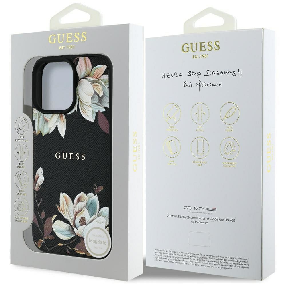 GUESS case for IPHONE 16 Pro compatible with MagSafe GUHMP16LPGNMPLMK (PU Grained Flowers Classic Logo) black